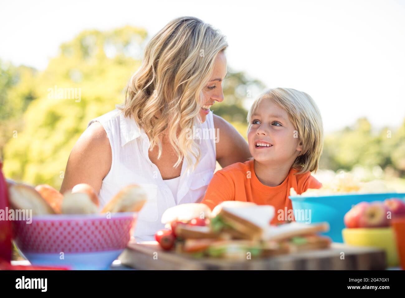 Mother and son interacting with each other while having meal in park Stock Photo