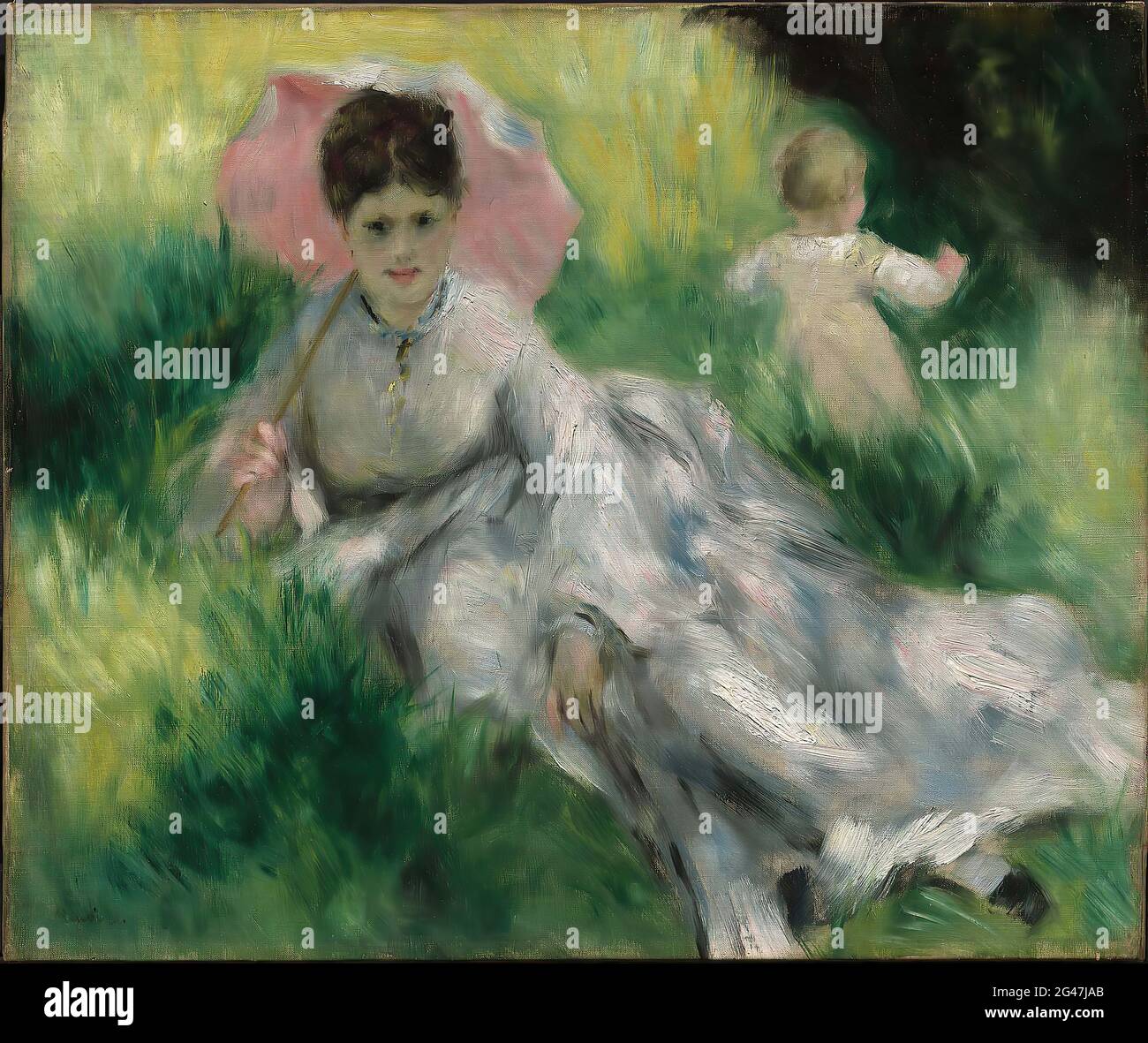 Woman with a Parasol and Small Child on a Sunlit Hillside, Pierre