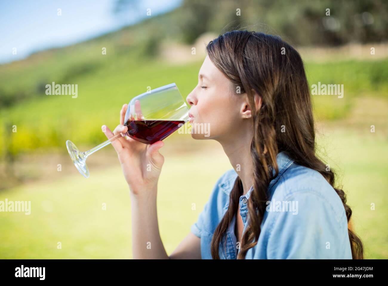 Side view of woman drinking red wine Stock Photo - Alamy