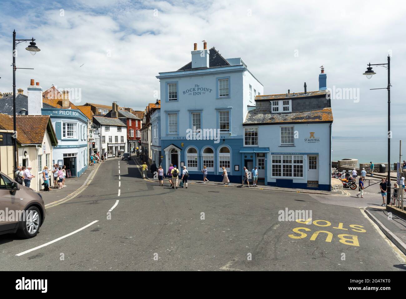 Rock Point Inn is a Grade II listed building on the beachfront in Lyme Regis, Dorset, England. Stock Photo