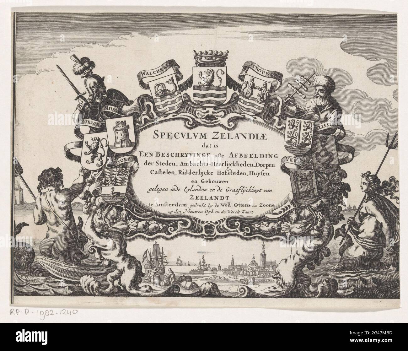 Cartouche with coats of arms Zeeland cities; Speculum Zelandiae That is