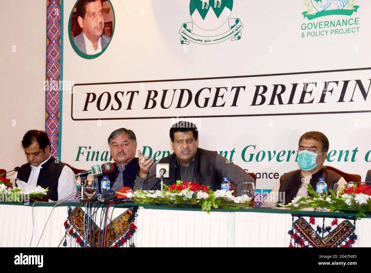 Balochistan Finance Minister, Mir Zahoor Ahmed Buledi along with others addresses to media persons during press conference regarding Post Budget  2021-22 held at Balochistan Assembly building in Quetta on Saturday, June 19, 2021. Stock Photo