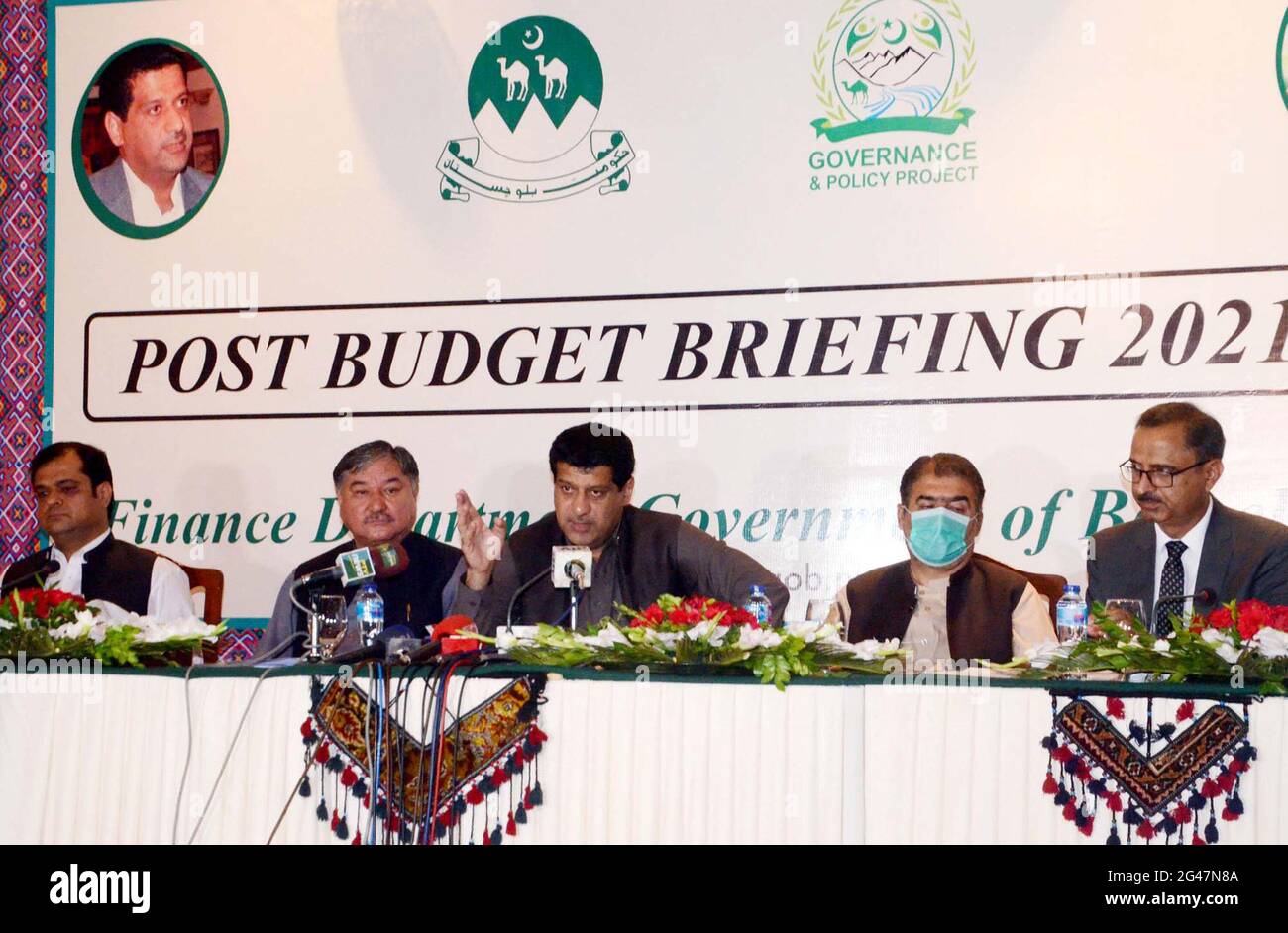 Balochistan Finance Minister, Mir Zahoor Ahmed Buledi along with others addresses to media persons during press conference regarding Post Budget  2021-22 held at Balochistan Assembly building in Quetta on Saturday, June 19, 2021. Stock Photo