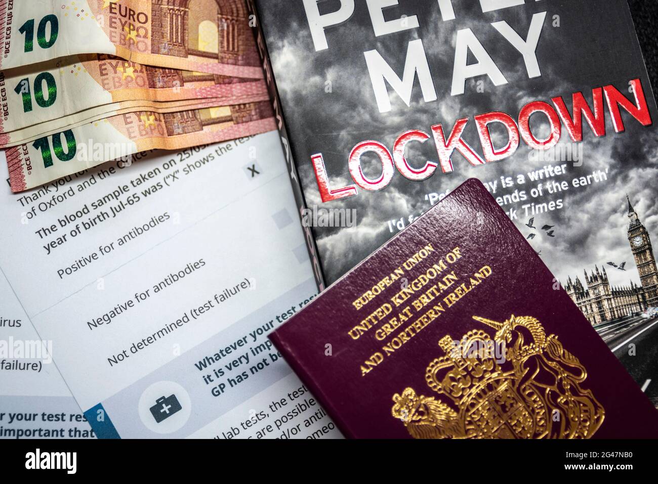Positive for COVID 19 antibodies result paperwork. Positive for antibodies letter, with travel concept of passport, reading book and Euro money Stock Photo
