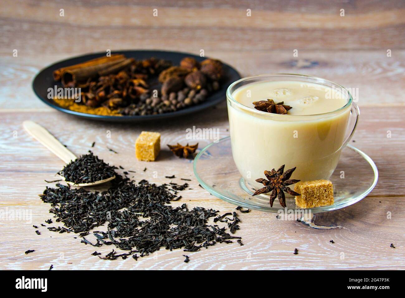 Traditional indian drink masala tea. Spice tea with different