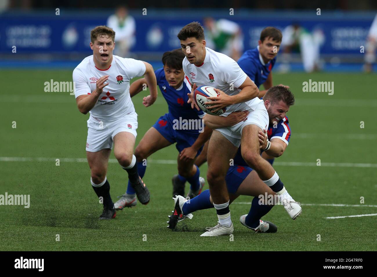 Cardiff, UK. 19th June, 2021. Orlando Bailey of England is stopped. 2021  Six Nations U20 Championship, England v France at the BT Sport Cardiff Arms  Park in Cardiff, South Wales on Saturday