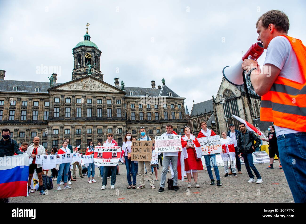 Amsterdam, Netherlands. 19th June, 2021. A Belarusian protester seen giving  a speech before the march.The Belarusian community in The Netherlands  organized a protest to show their support to all political prisoners and