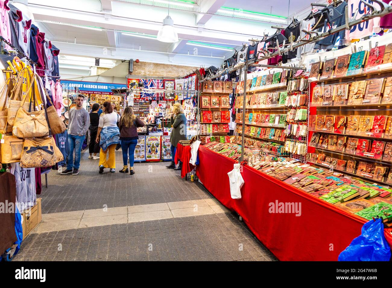 Stalls with craft items and bags at Jubilee Market, Covent Garden, London, UK Stock Photo