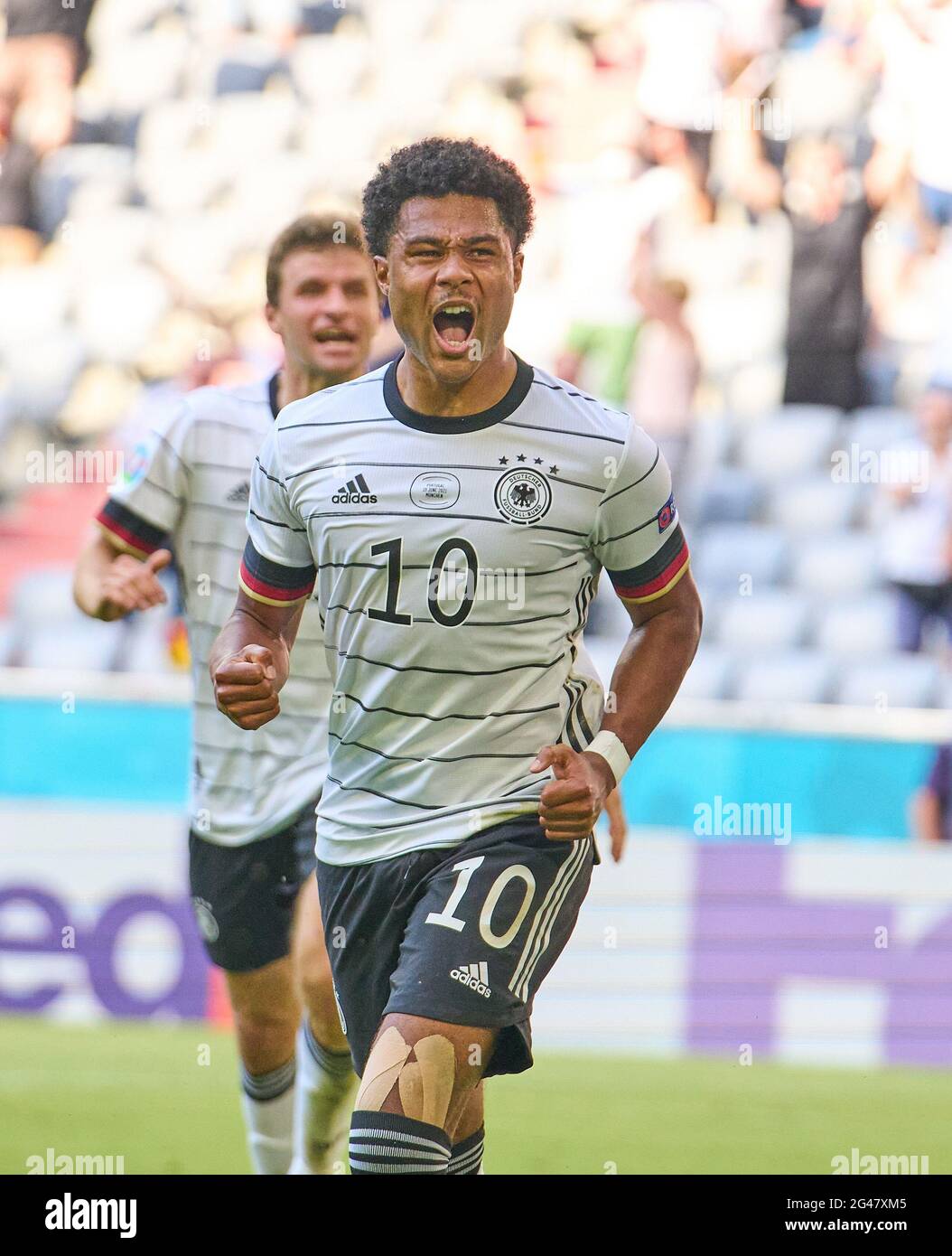 Serge Gnabry, DFB 10   scores, shoots goal , Tor, Treffer,,, 1-2 jubel, celebrates his goal, happy, laugh, celebration,  in the Group F match PORTUGAL - GERMANY  at the football UEFA European Championships 2020 in Season 2020/2021 on June 19, 2021  in Munich, Germany. © Peter Schatz / Alamy Live News Stock Photo
