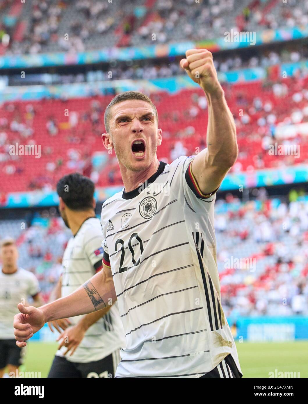 Robin Gosens, DFB 20  jubel when  Serge Gnabry, DFB 10   scores, shoots goal , Tor, Treffer,,, 1-2 jubel, celebrates his goal, happy, laugh, celebration,  in the Group F match PORTUGAL - GERMANY  at the football UEFA European Championships 2020 in Season 2020/2021 on June 19, 2021  in Munich, Germany. © Peter Schatz / Alamy Live News Stock Photo