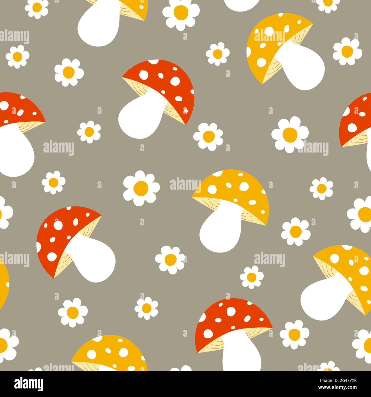 Seamless pattern with mushrooms and flowers. It can be used for wallpapers, wrapping, cards, patterns for clothes and other. Stock Photo