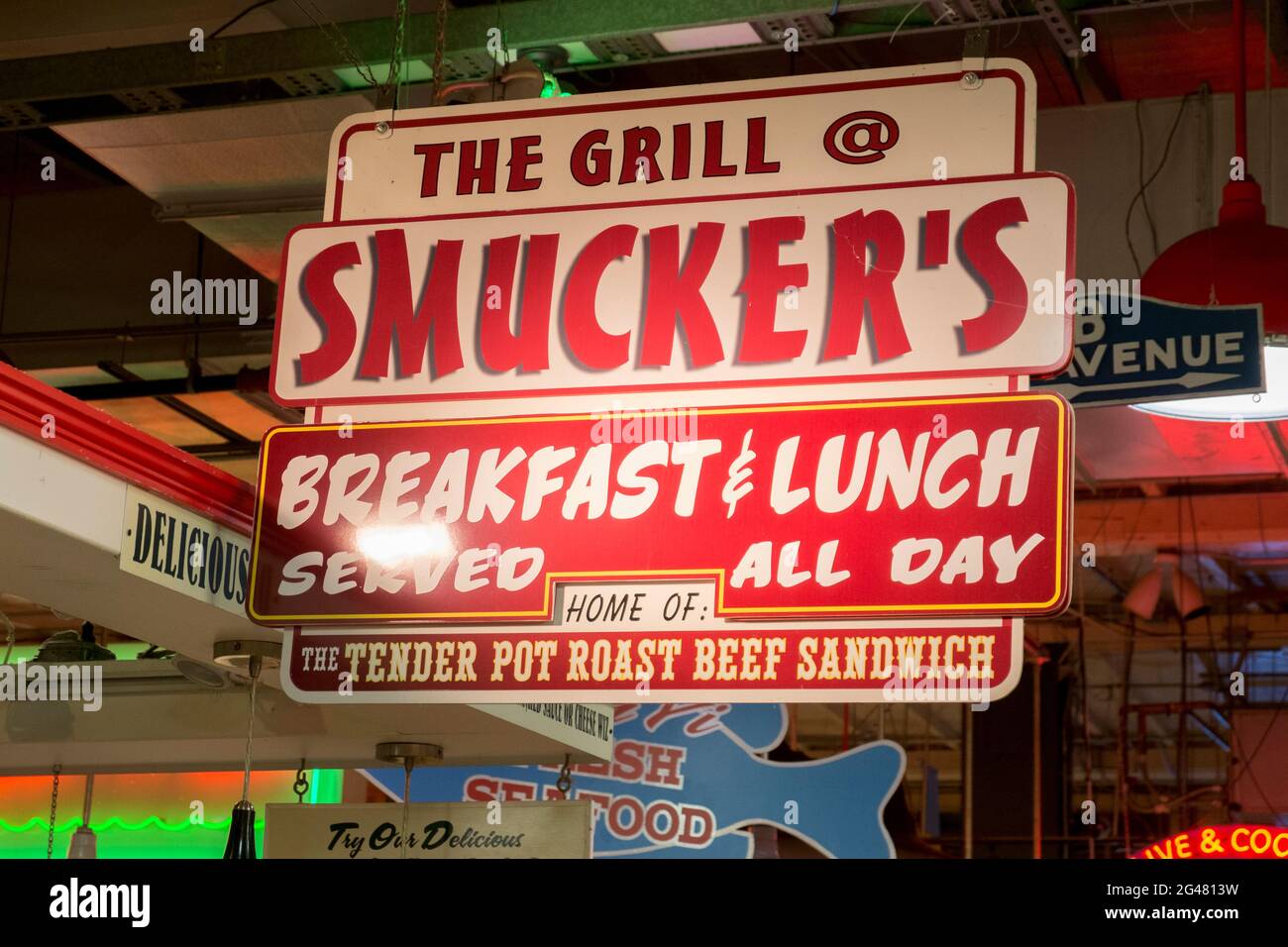 The sign for the famous Smucker's grill, serving tender pot roast beef sandwiches. At the Reading Terminal Market in Philadelphia, Pennysylvania. Stock Photo