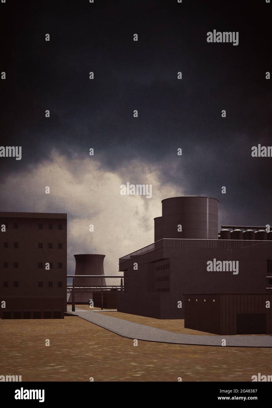 Digitally rendered 3D industrial zone buildings and dramatic sky