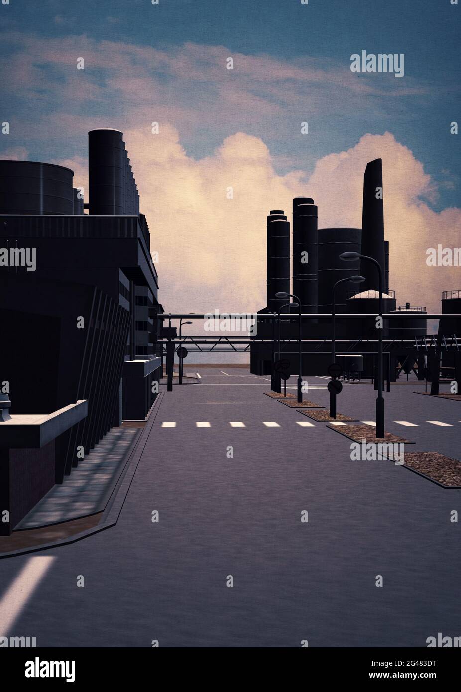Digitally rendered 3D industrial zone buildings and dramatic sky
