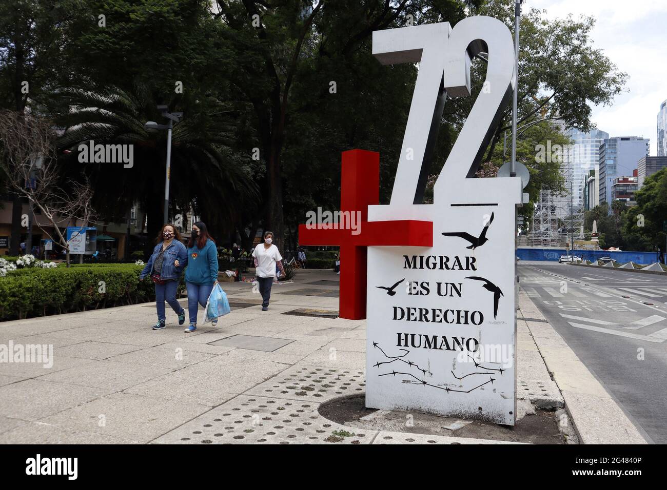 Anti-monument in memory of the 72 migrants murdered in the municipality of San Fernando in the state of Tamaulipas. The 58 men and 14 women were executed when they refused to work for the drug trafficking group 'Los Zetas' Anti-monument was placed at In front of the U.S. Embassy at Paseo de la Reforma Avenue on June 19, 2021 in Mexico City, Mexico. Photo by Luis Barron/Eyepix/ABACAPRESS.COM Stock Photo