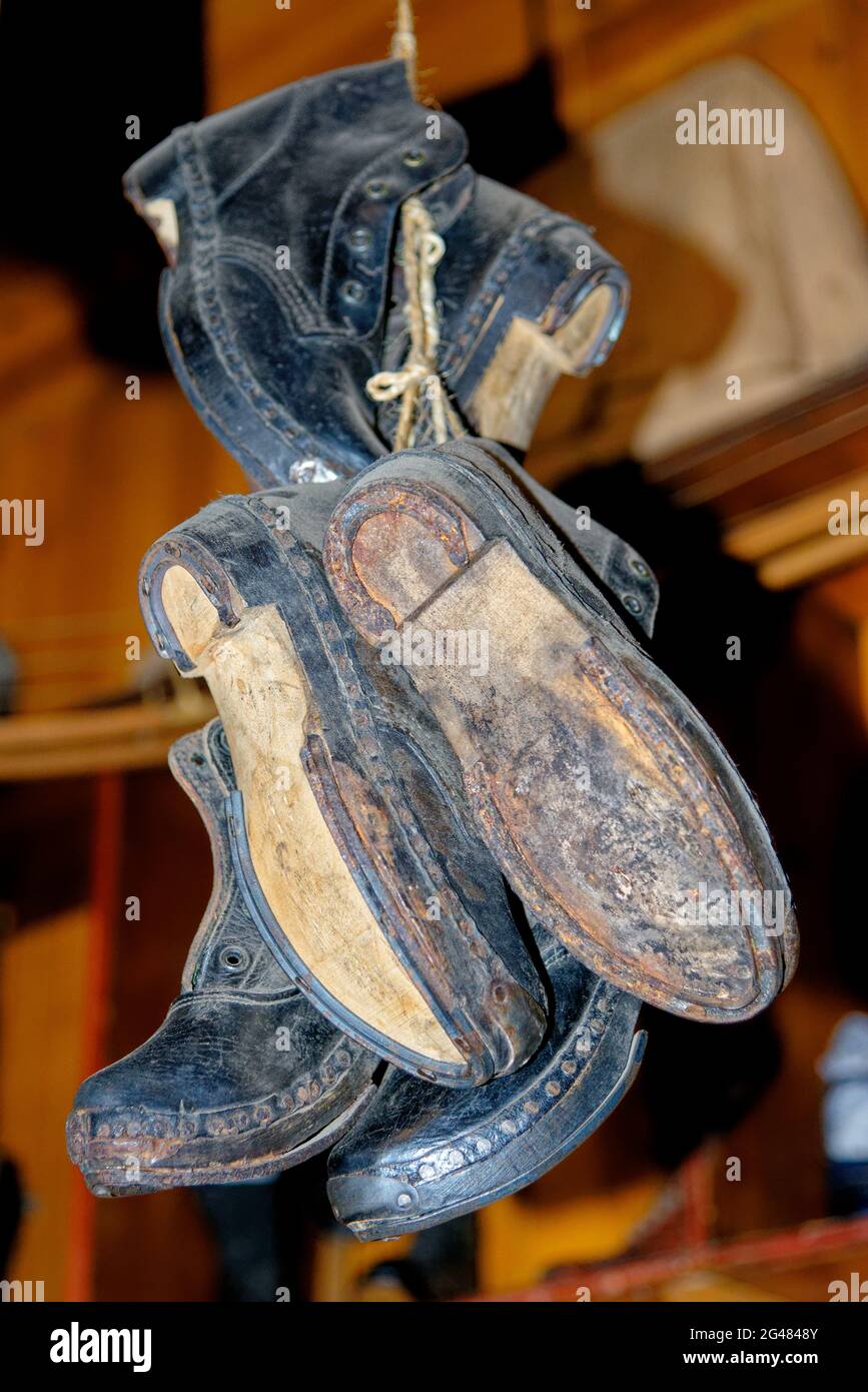 Old shoes shop display Beamish Village, Durham County, England