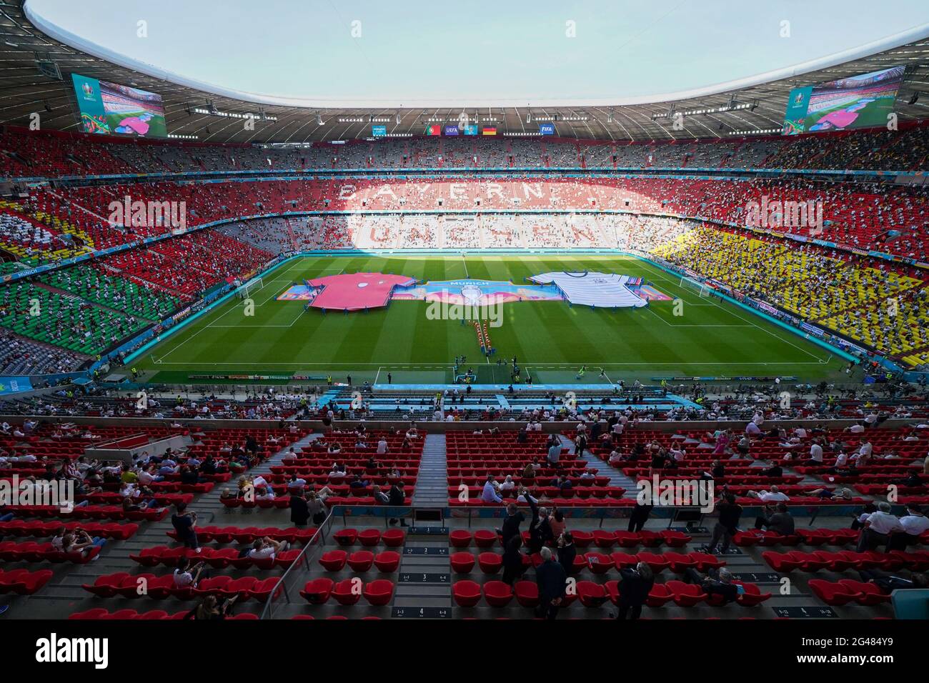 MUNCHEN, GERMANY - JUNE 19: General view of Allianz Arena with giant shirts  of Portugal and Germany during the UEFA Euro 2020 Group F match between  Portugal and Germany at Allianz Arena