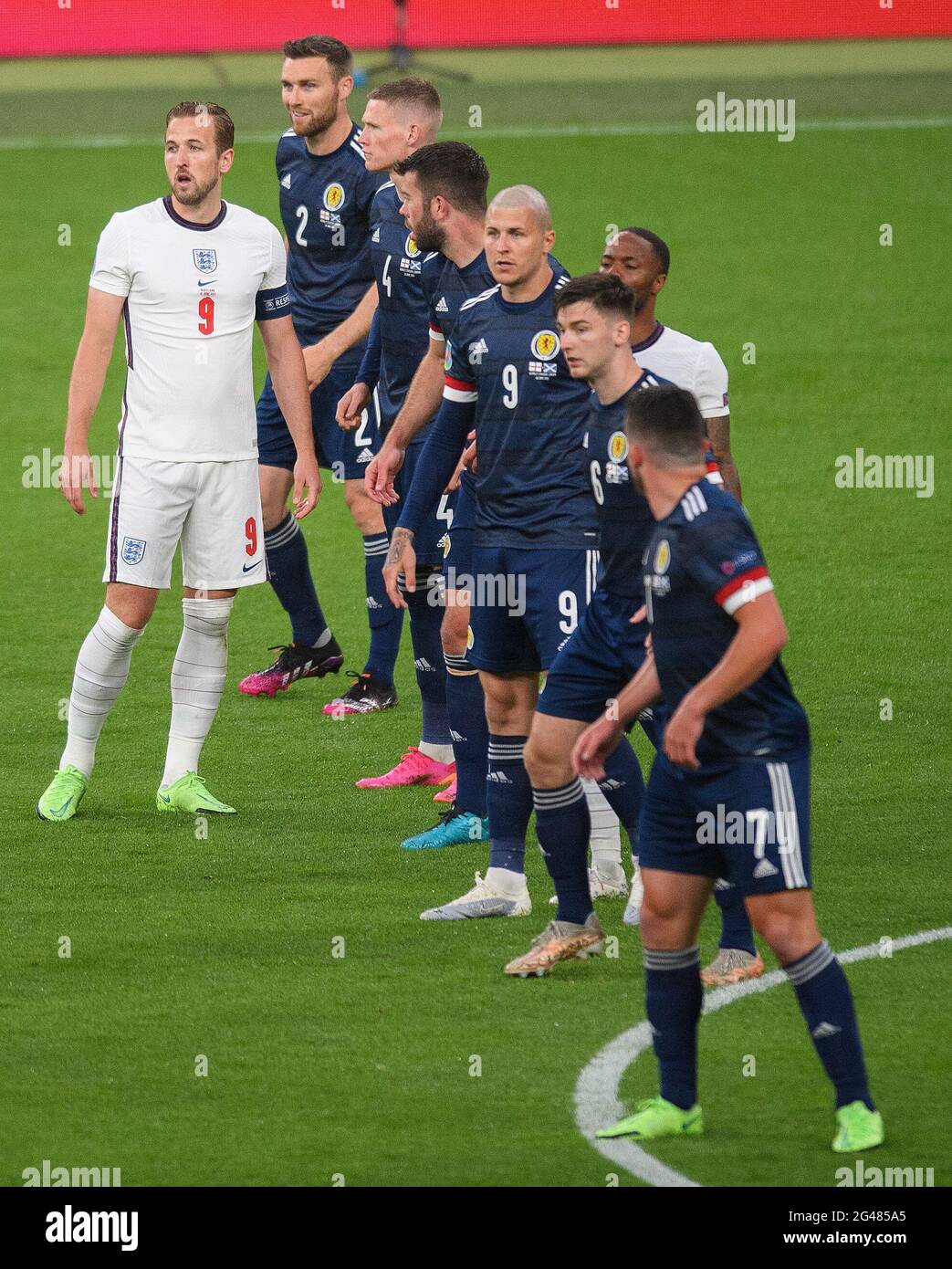 18th June 2021 - England v Scotland - UEFA Euro 2020 Group D Match - Wembley - London  Harry Kane up against a heavily packed scottish defence during England's match against Scotland in the UEFA European Championships 2020 Picture Credit : © Mark Pain / Alamy Live News Stock Photo