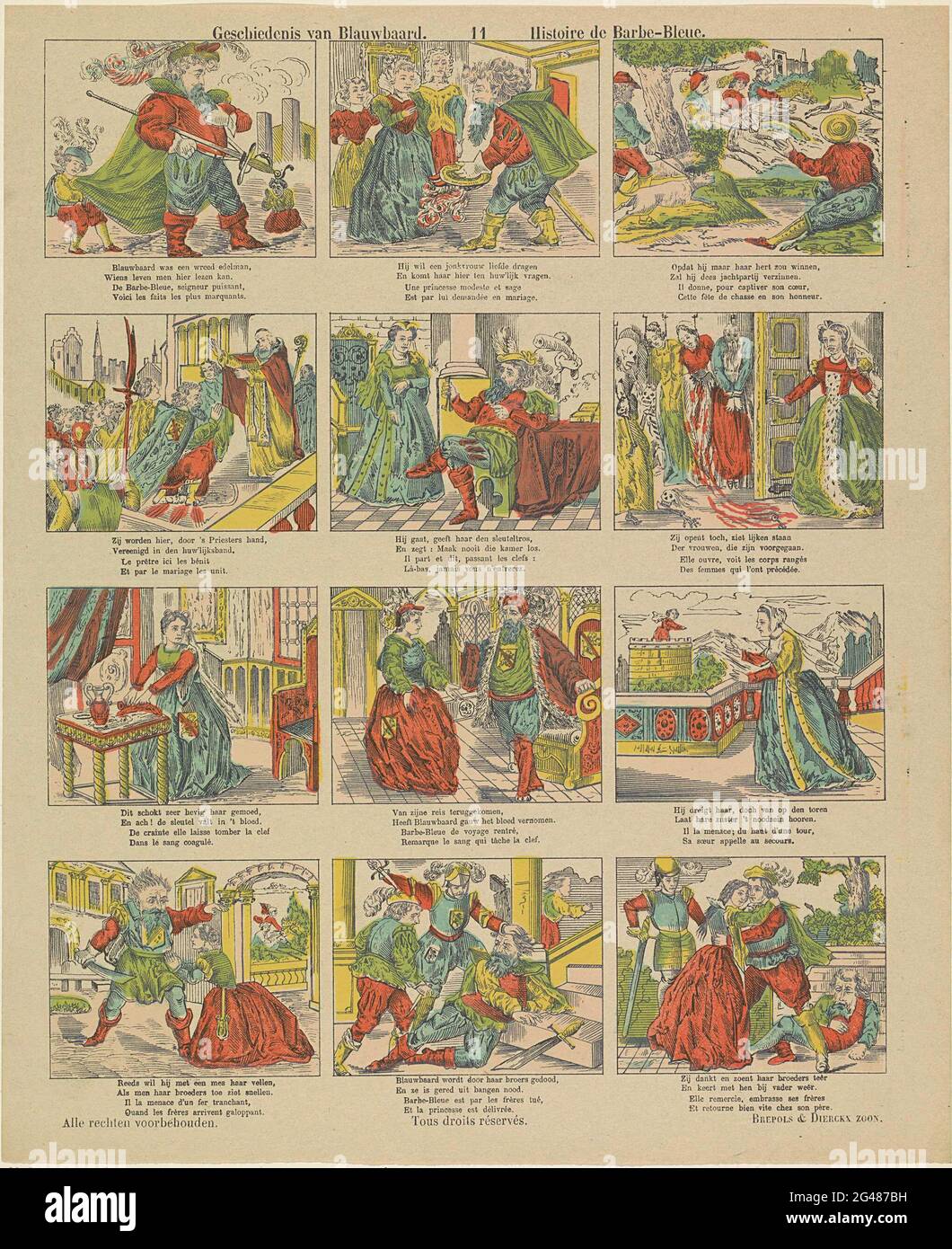 History of Bluebeard / Histoire de Barbe-Bleue. Leaf with 12 performances  from the fairy tale of blue beard. Under each image a two-legged fresh in  Dutch and in French. Numbered in the
