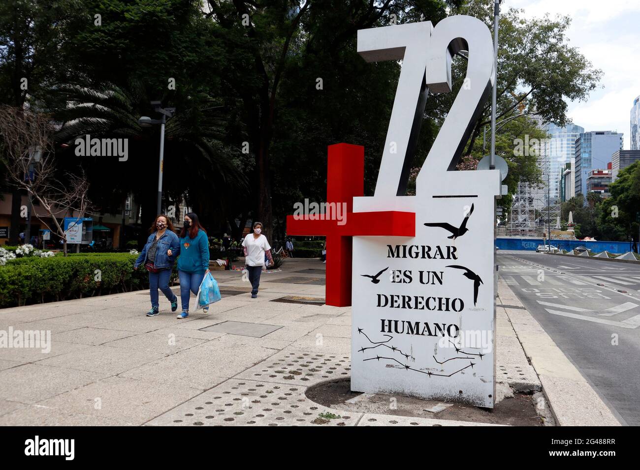 Mexico City, Mexico. 23rd June, 2021. MEXICO CITY, MEXICO JUNE 19: Anti-monument in memory of the 72 migrants murdered in the municipality of San Fernando in the state of Tamaulipas. The 58 men and 14 women were executed when they refused to work for the drug trafficking group 'Los Zetas' Anti-monument was placed at In front of the U.S. Embassy at Paseo de la Reforma Avenue on June 19, 2021 in Mexico City, Mexico. (Photo by Eyepix/Sipa USA) Credit: Sipa USA/Alamy Live News Stock Photo