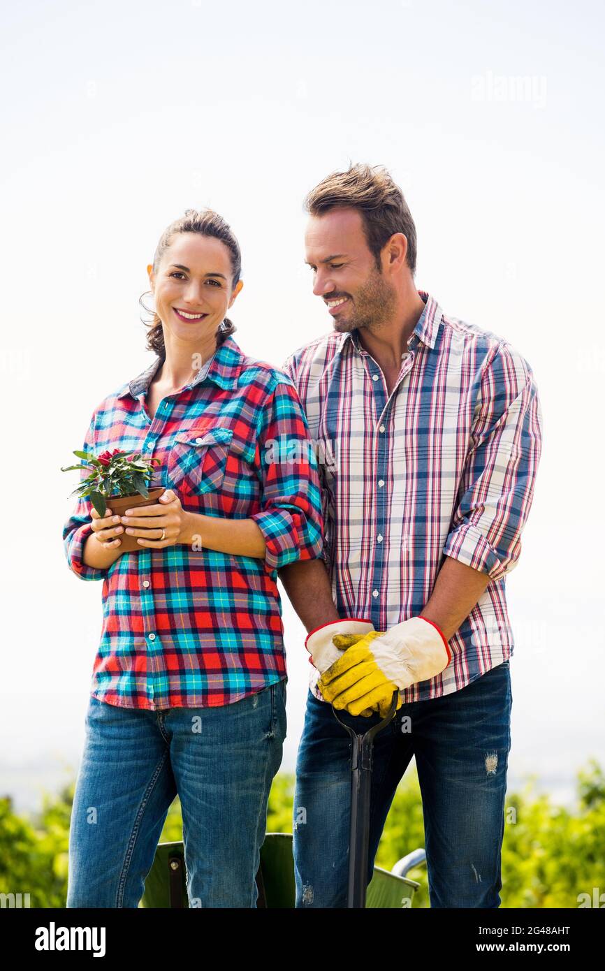 Portrait of beautiful woman with man holding potted plant Stock Photo ...