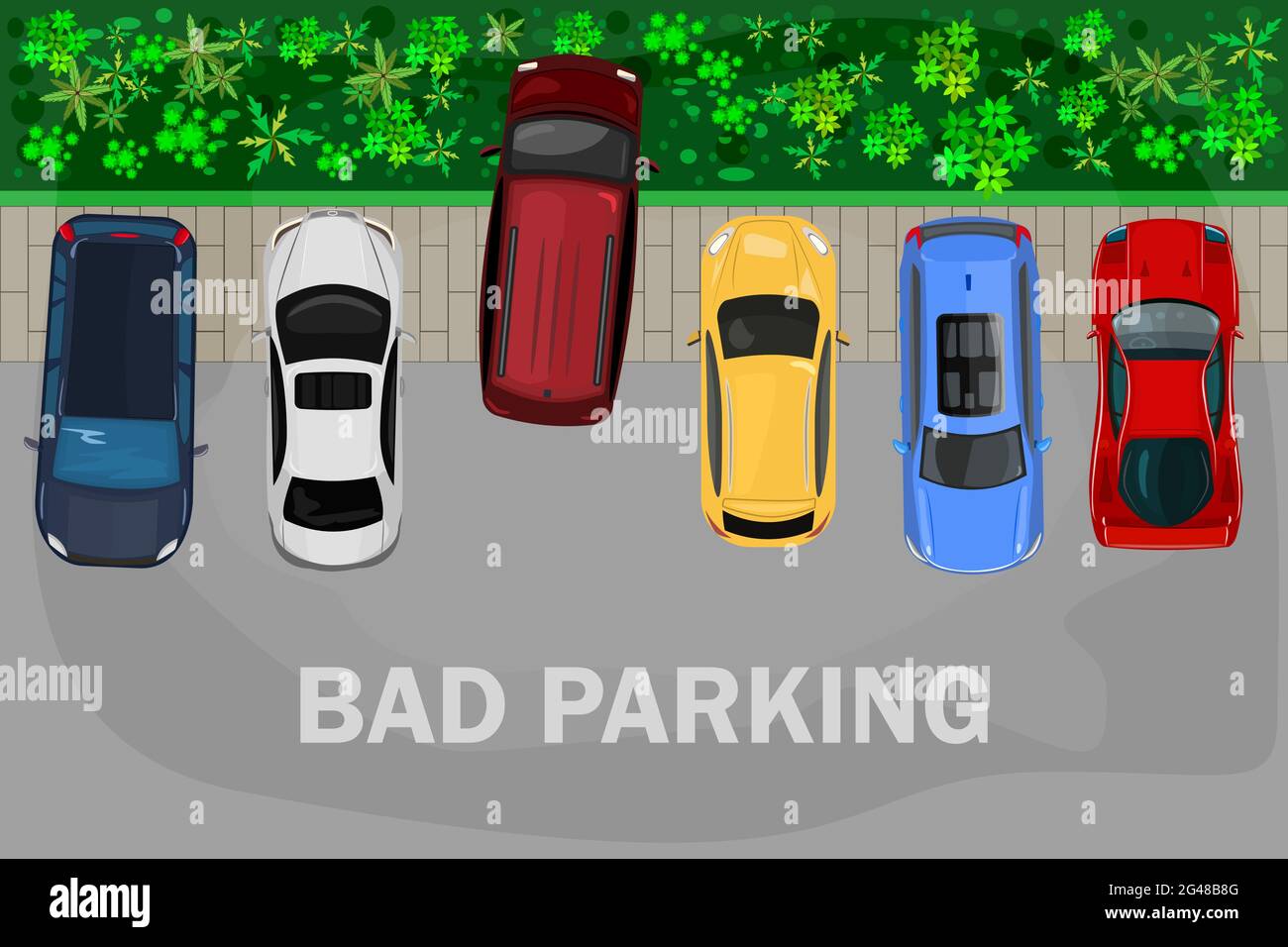 Bad parking. Vehicle parked inappropriate way on lawn pavement. Top