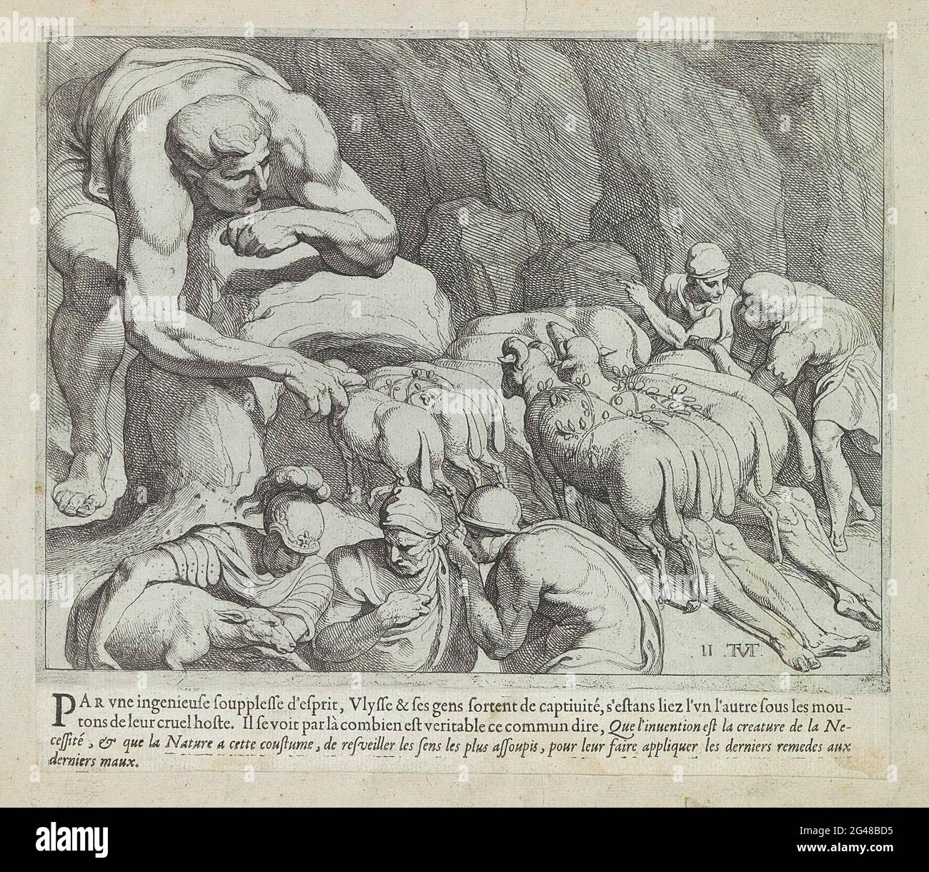 Odysseus escapes from the polyphemus cave; Les Travaux d'Ulysse; Odysseus works. The giant Polyphemus made by Odysseus blind opens his cave to leave his herd of sheep. Odysseus and his men escape the giant by hanging under the rams and sheep. The print is part of an album. Stock Photo