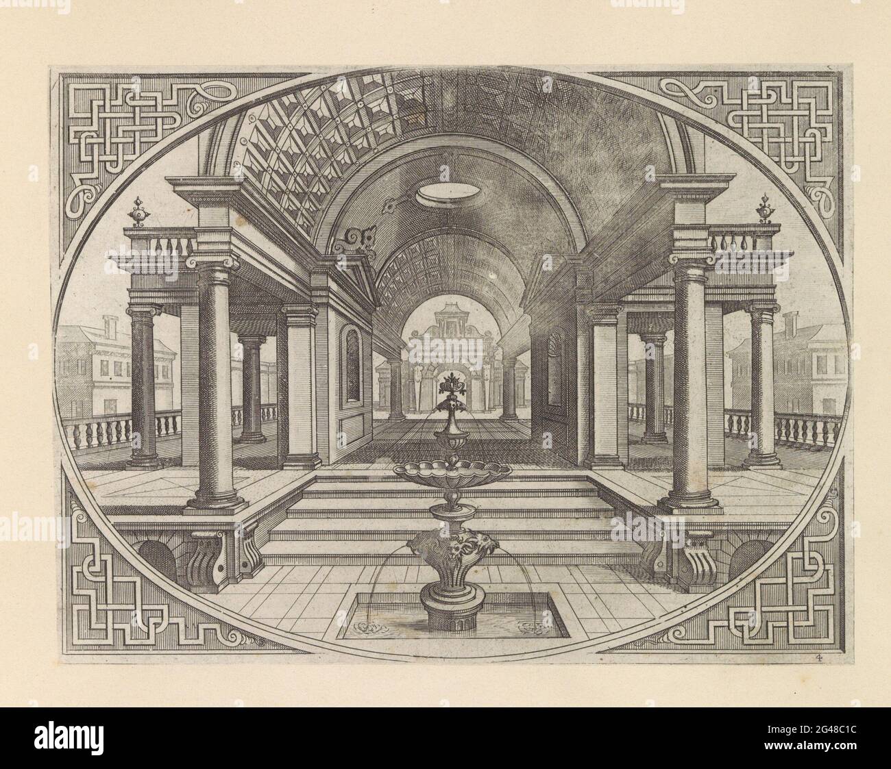 Open hall with tunnel vault and fountain in the foreground; Variae  architecturae formae (...); Architecture perspectives in oval picture  frames for Intarsia. Open hall with a tunnel vault. The front and rear