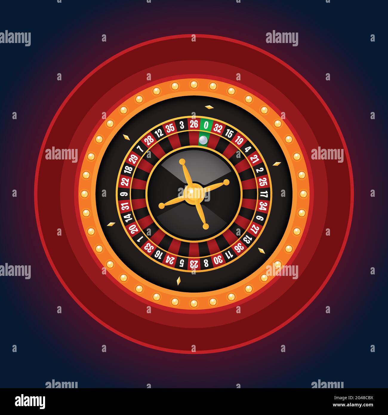 Single roulette wheel with casino lamp frame on dark background. Casino concept, gambling, vector illustration Stock Vector