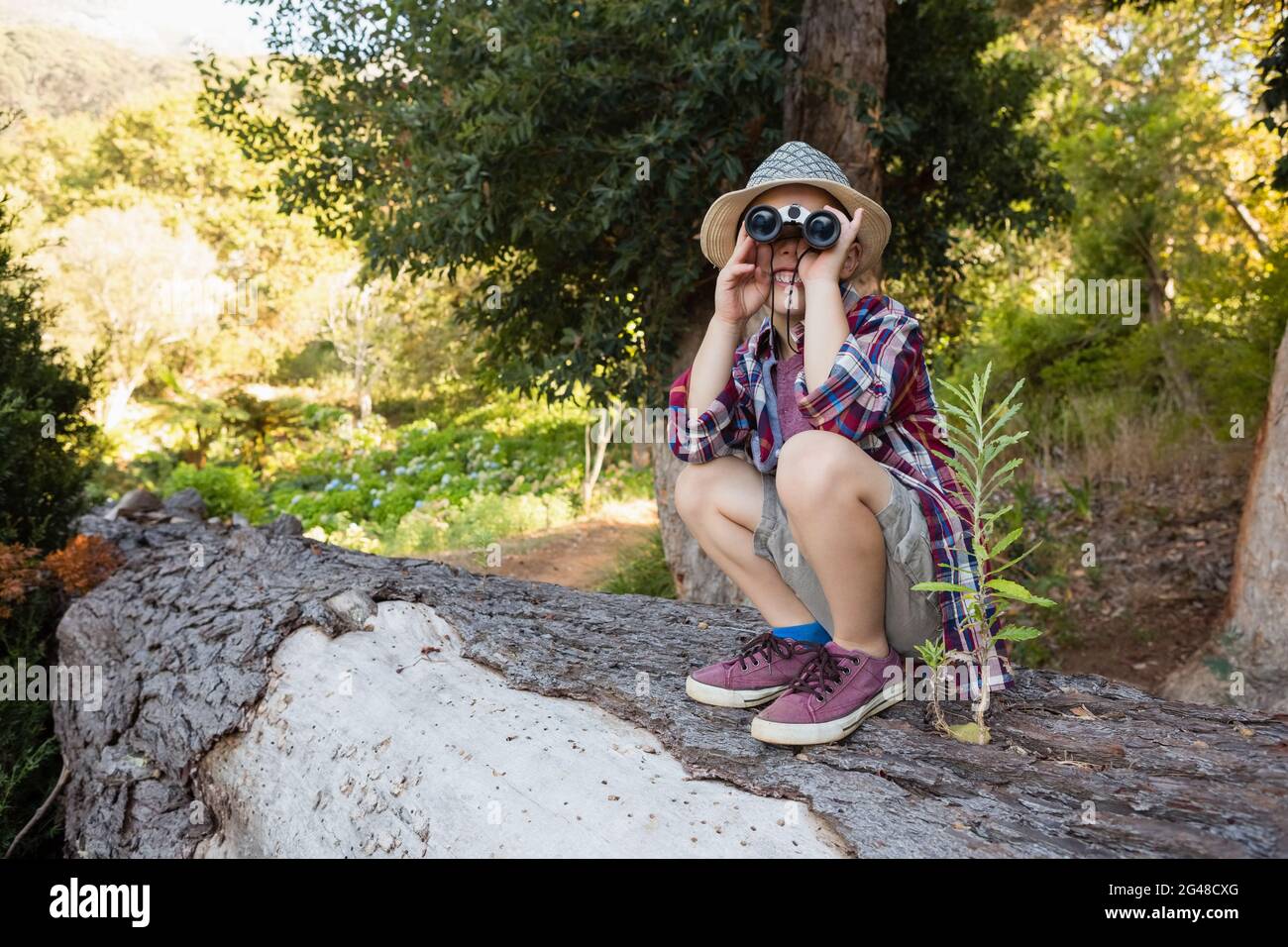 Boy using binoculars in the forest Stock Photo Alamy