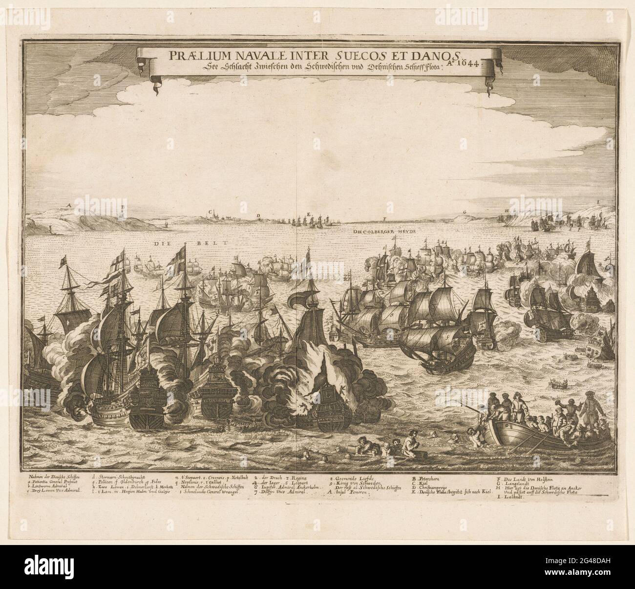 Sea battle between the Swedish and Danish fleets in the Belt, 1644; Praelium Naval Inter SueCos et Danos / Ao. 1644 / See Schlacht Zwieschen den Schwedischen und Dehnischen Schieffflota. Sea battle between Swedish and Danish fleets in the Fehmarn Belt (between the Danish lolland and the German island of Fehmarn), October 23, 1644. The Swedes are assisted by a Dutch fleet below Maerten Thijssen Anckerhelm. Sea battle in full swing, centrally burning Danish ship de lindeworm, in the foreground drenches in a sloop. In the caption, the legendas A-R and 1-9 and A-i in German. There is also a map wi Stock Photo