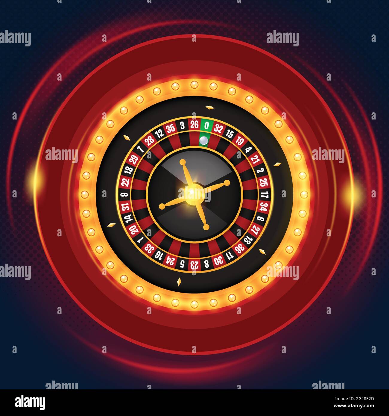 Single roulette wheel with casino lamp frame on dark background. Casino concept, gambling, vector illustration Stock Vector