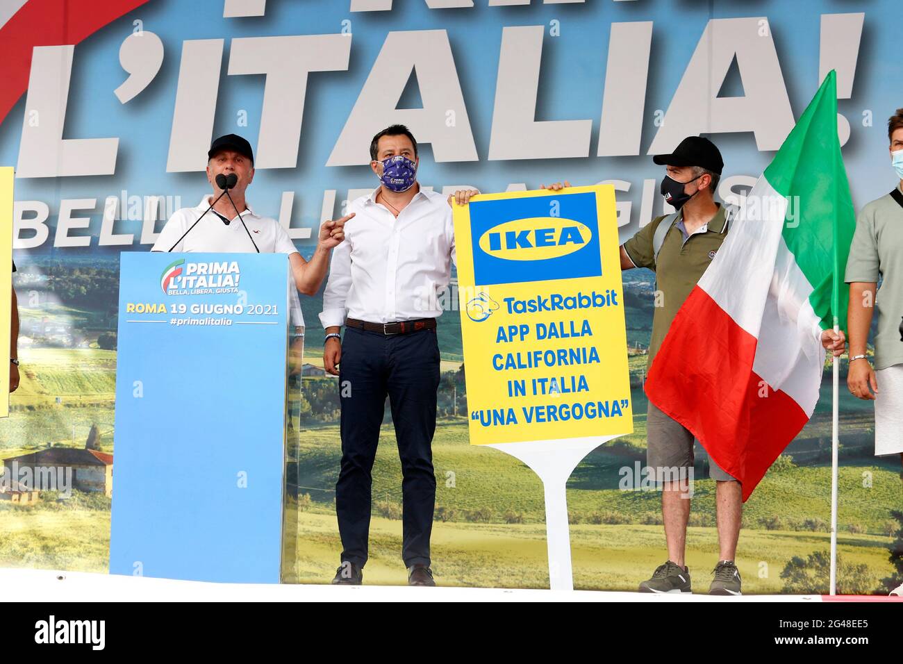 Rome, Italy. 19th June, 2021. Secretary of Lega Matteo Salvini on the stage  with the workers of Ikea during the demonstration 'Italy first!' in Piazza  Bocca della Verità'.Rome (Italy), June 19th 2021