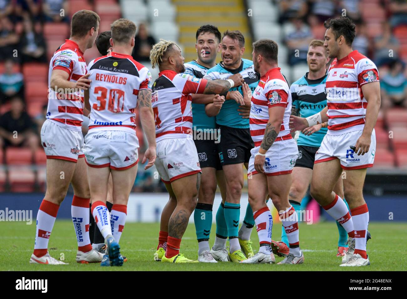 Josh Rayner Rugby Junior Sa'u (4) of Leigh Centurions holds back Josh Reynolds (6) of ...