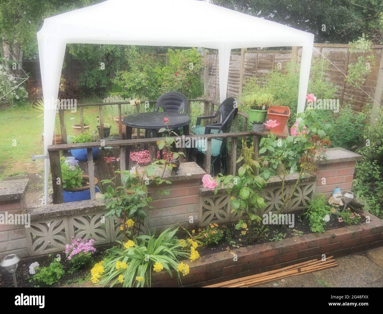 A typical small back garden showing a flower bed and an area of decking with a white gazebo above it Stock Photo