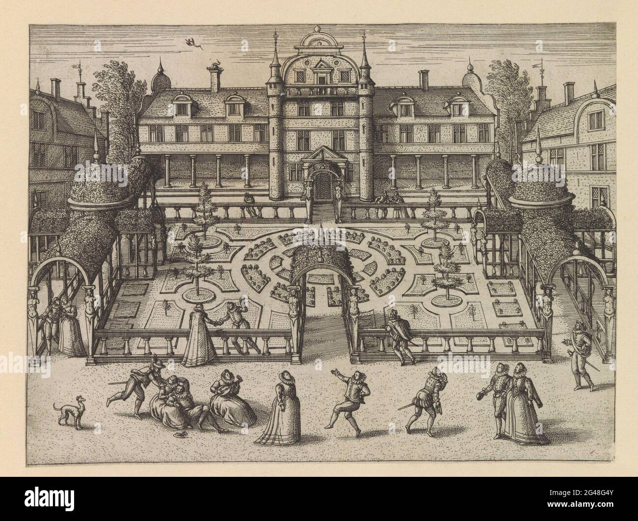 Hoftuin with music and dance; Hortorum viridariorumque elegantes et  multiplicis formae; Gardens of Minne. Hoft garden with couples walking  together and making fun. In the foreground a man dances for a woman,