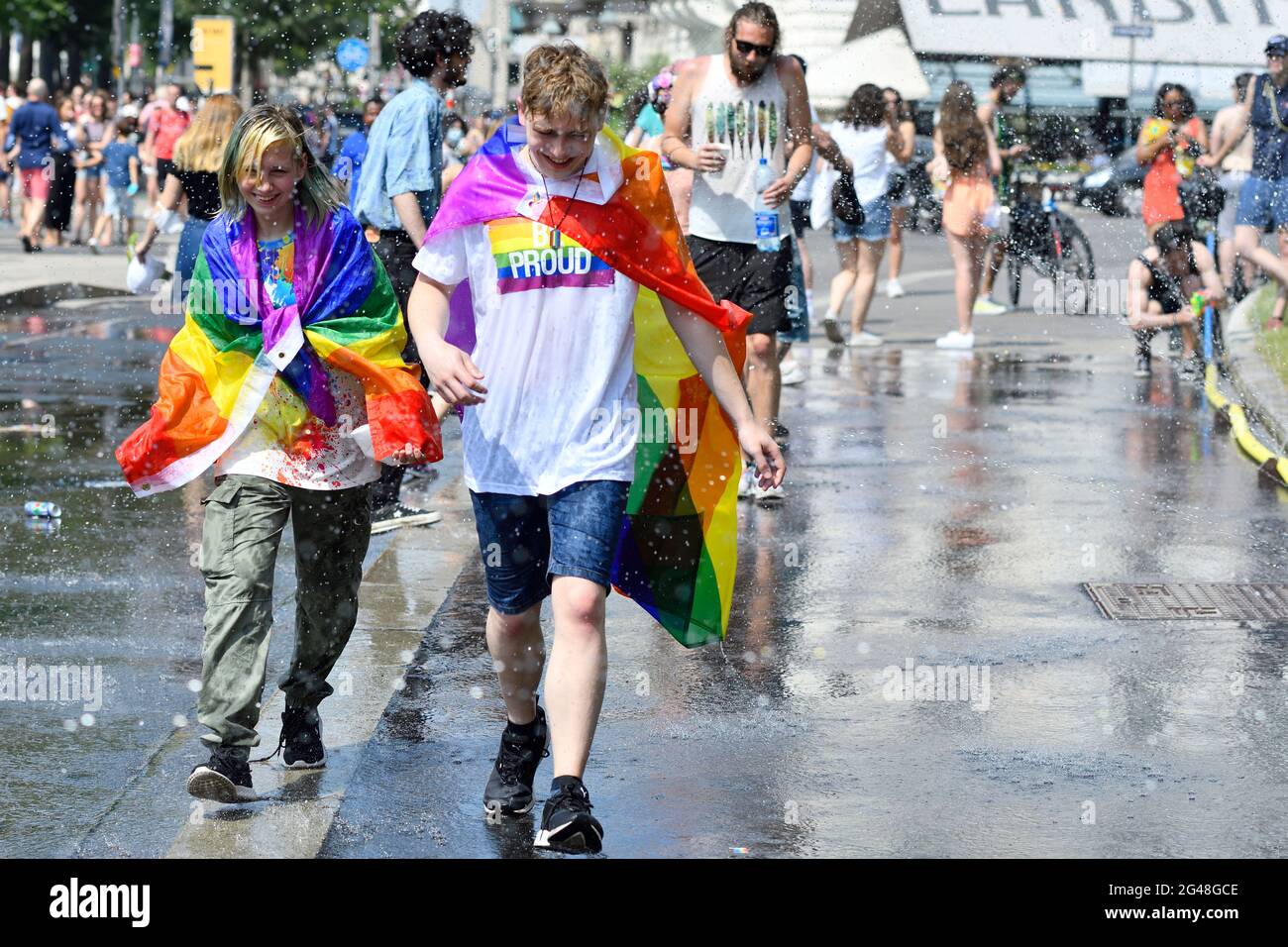Vienna, Austria. 19th June, 2021. For the 25th time the rainbow parade (Vienna Pride) will take place on Vienna's Ringstrasse. This year, the parade will take place without vehicles, i.e. on foot, with a wheelchair or bicycle, and is thus returning to its roots. Stock Photo