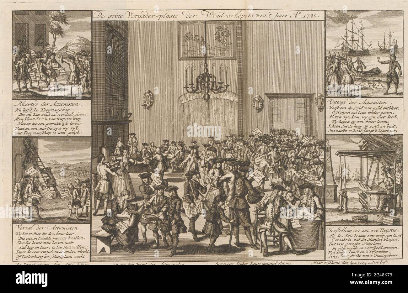 The large meeting place of the wind sellers, 1720; The large meeting place  of the wind sellers of 't year Ao. 1720; The great scene of foolishness.  View in the Coffeehouse Quincampoix