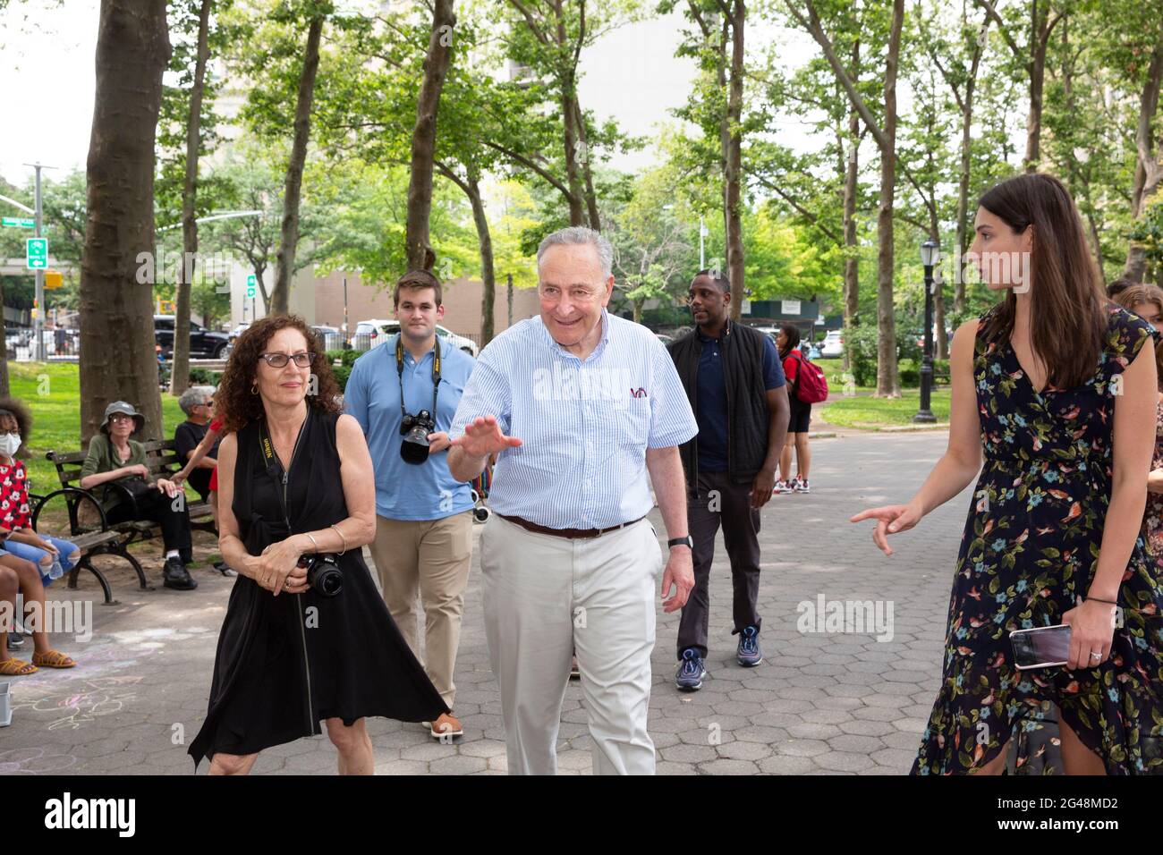 Chuck Schumer speaking at the first Juneteenth national holiday at Cadman Plaza Park's Juneteenth grove Stock Photo