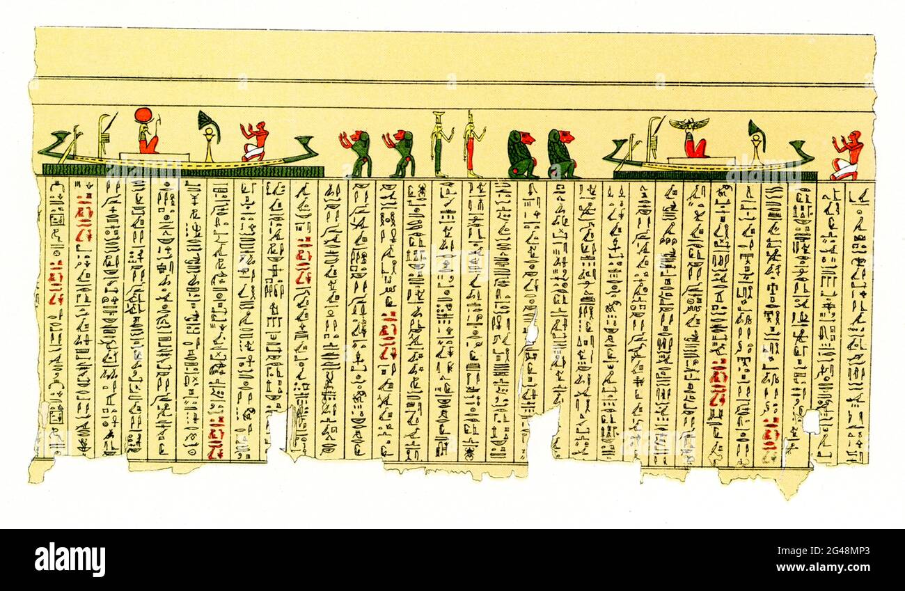 The caption on this 1804 image reads: “Manuscript on papyrus in hieroglyphs.” The two most common pigments seen on papyri are black and red.  The black ink you see most often is used for writing the letters of the hieroglyphs or hieratic text and is almost always a carbon black ink. The red was often used for rubrics such as titles and headings to distinguish them from the rest of the text. Stock Photo