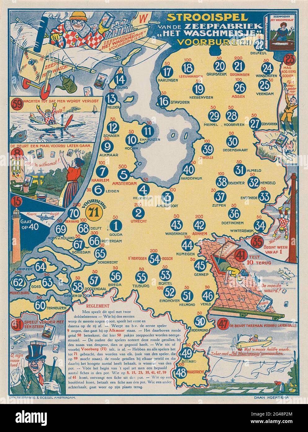 Sprinkling of the soap factory 'the Wasch girl' Voorburg. Board game of the soap factory 'the Wasch girl' in Voorburg. The map of the Netherlands with 71 numbered with laps and place names. Rules of the bottom left. Stock Photo