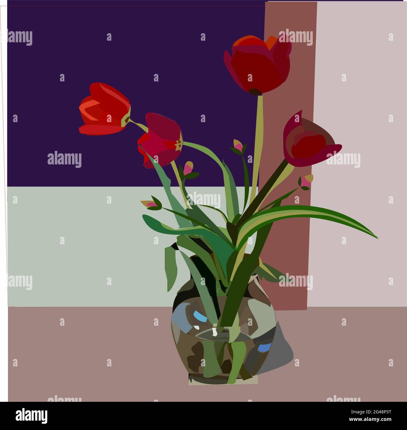 Illustration of a vase with tulips on a colorful background Stock Photo ...