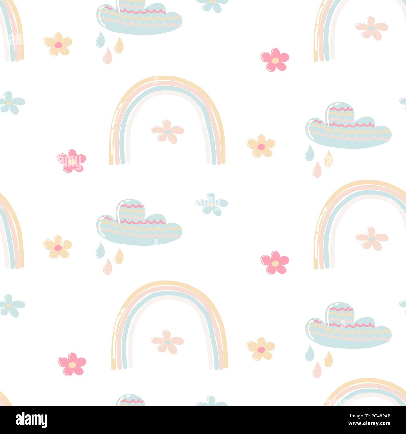 Seamless pattern with cartoon rainbow, cloud and flowers on white background.Cute baby background for printing on wrapping paper, fabric, clothes. Stock Vector