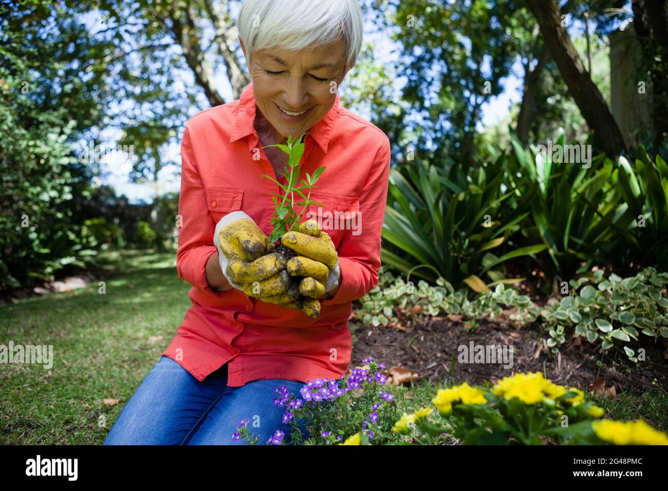 Elderly woman kneeling down hi-res stock photography and images - Alamy