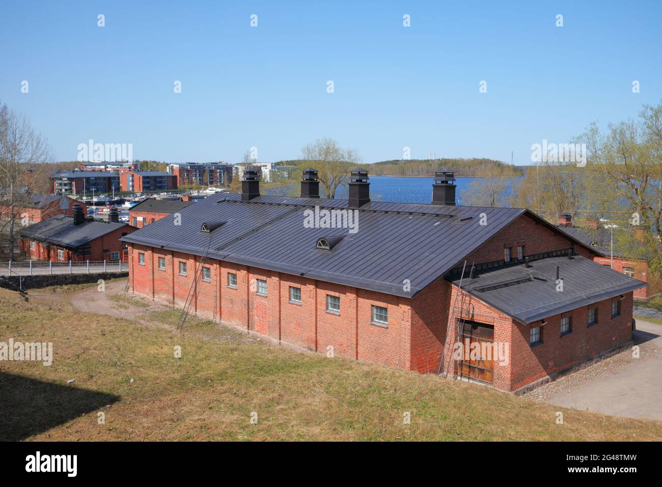 Building of Yle Radio Suomi in Lappeenranta, Finland, against lake Saimaa Stock Photo