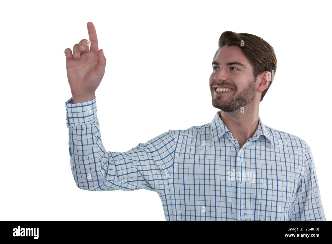 Man pretending to touch an invisible screen Stock Photo