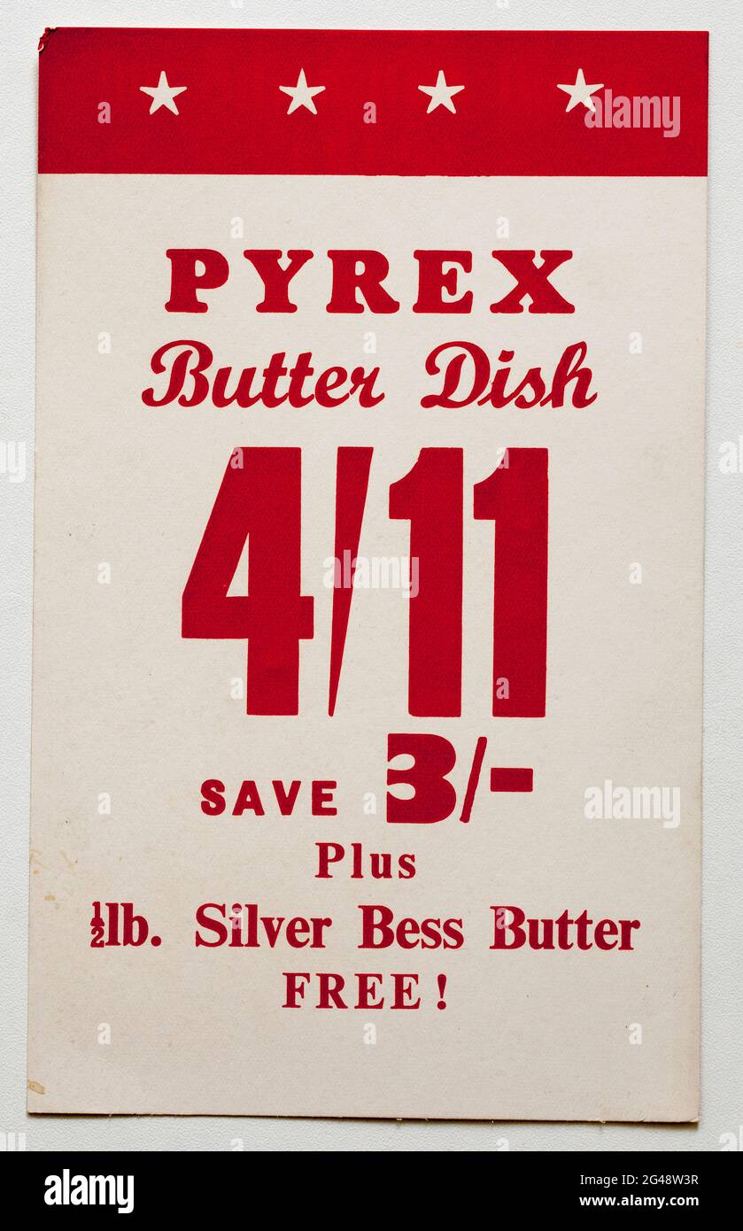 Vintage 1960s Shop Price Display Card - Pyrex Butter Dish Stock Photo