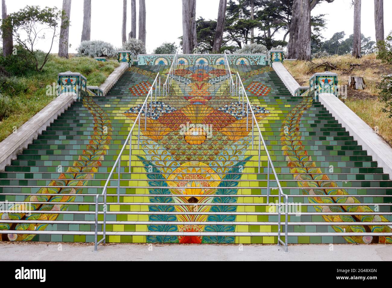 Lincoln Park Steps. Installation of art mosaic tiles on the edge of Lincoln Park in San Francisco. Stock Photo