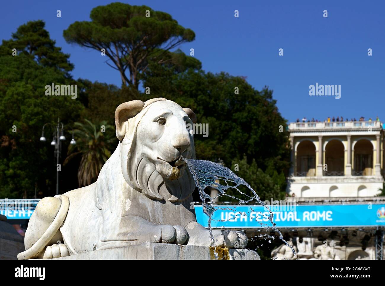 Uefa Champions League Euro 2020, European Football Championships. Fan Zone Football Village in Piazza del Popolo Square. Rome, Italy, Europe. 2021 Stock Photo