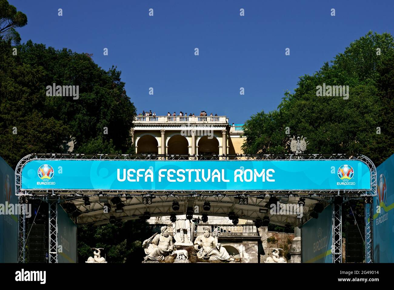 Uefa Champions League Euro 2020, European Football Championships. Fan Zone Football Village in Piazza del Popolo Square. Rome, Italy, Europe. 2021 Stock Photo